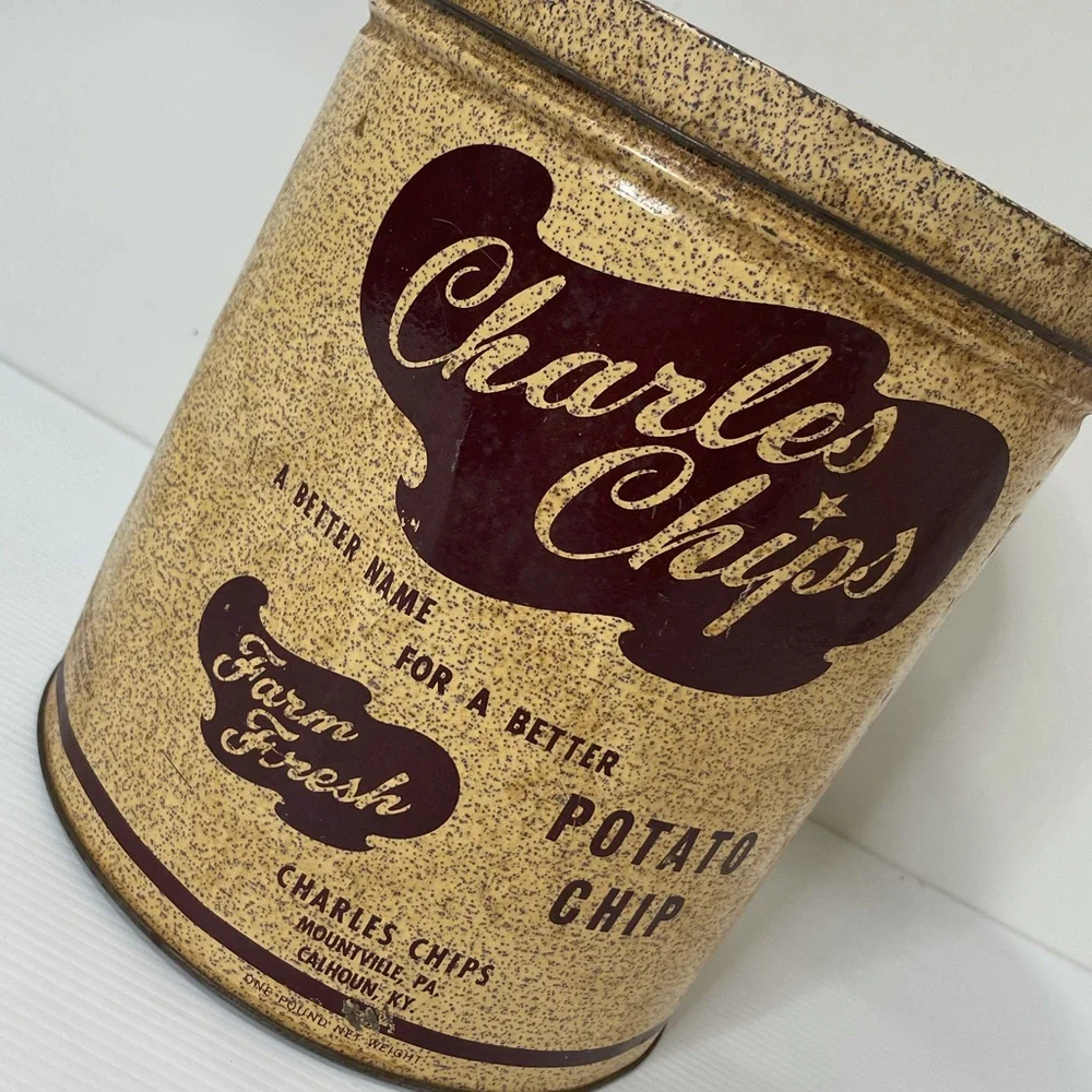 Vintage Tin Charles Chips Large Antique Farmhouse Decor MCM